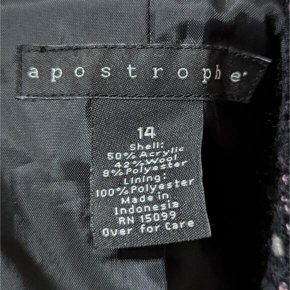 Apostrophe Black & Pink Wool Blend Tweed Fringed Collar Button Up Blazer Size 14 - Picture 6 of 8